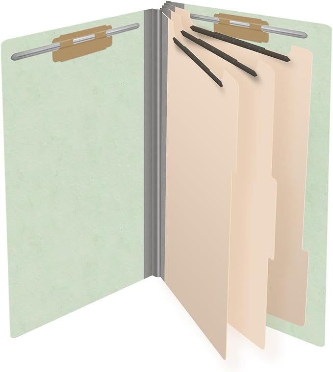 Ecom Folders End Tab Pressboard Classification Folders | Legal Size 25 Pt Type III Stock with 3 Dividers & 3" Tyvek Expansion | 2 Fasteners Pos 1 & 3 for Medical & Office Docs | Pale Green, Box of 10 - Image 4