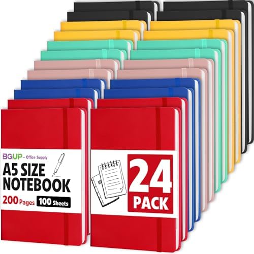 24 Pack Lined Journal Notebook for Work, 200 Pages, Medium 5.5" x 8.3", A5 College Ruled Notebook, 6 Colors, Hardcover Journaling Notebooks for Writing, Note Taking by BGUP