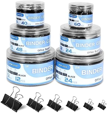 Binder Clips Assorted Sizes Including Extra Large Medium Small Mini and Micro, Office Supplies File Clamps Paper Clips, 6 Sizes in 6 Boxes, 208 PCS Metal Black Clamps for School (Pack of 12) by POPUFOX