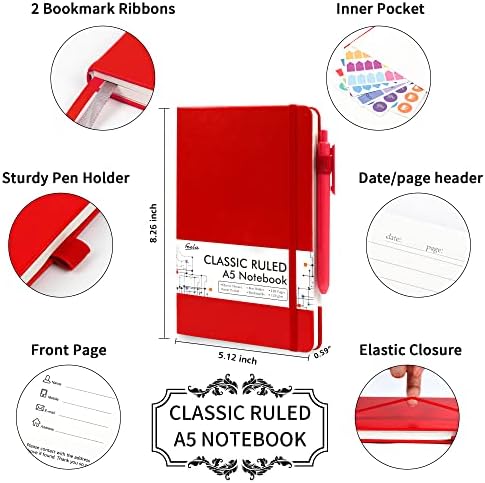 feela 12 Pack Notebooks Journals Bulk with 12 Black Pens, A5 Hardcover Notebook Classic Ruled Journal Set with Pen Holder for School Business Work Travel Writing, 120 GSM, 5.1”x8.3”, Red - Image 2