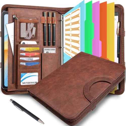 Padfolio Portfolio Binder with Handle, 3-Ring Folder Organizer, Vegan Leather Portfolio with Notepad Includes 5 Dividers with 10 Pockets for Documents Filesfor Documents Files and 1 Pen by NATISERAUM