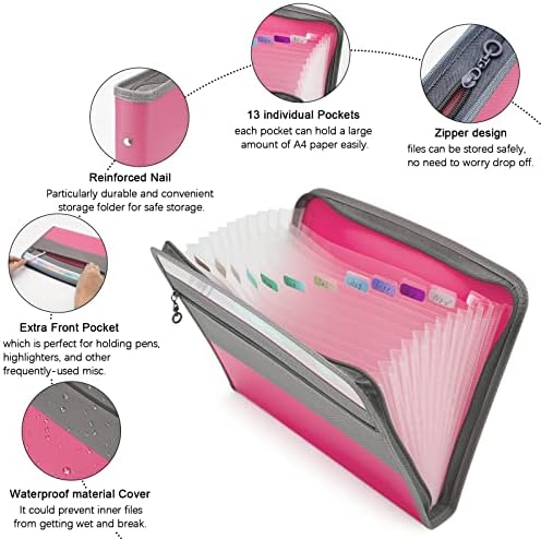 NAFY Expanding File Folders, 2Pack 13 Pockets Document Organizer with Zipper, A4 Letter Size Portable Accordion Expanding File Folders with Multicolor Labels for Office School Supplies (Black+Pink) - Image 3
