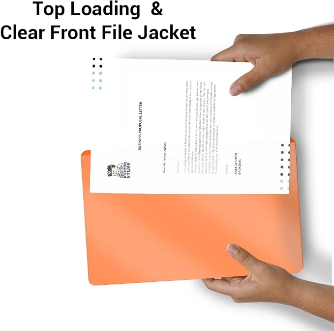 Doctor Stuff- 50 Pack, Vinyl Plastic Pocket File Folders Closed Sides, Legal Size, Clear Front Top Loading Job Jacket, Documents Holder for Office, High School and Medical Files, Orange - Image 5