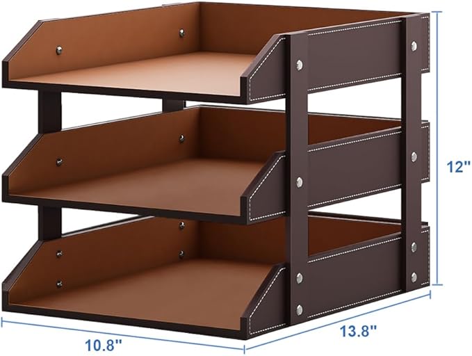 3 Tier Leather Magazine File Holder, Thipoten Paper Tray Organizer Desk Document File Organizer (Brown) - Image 2