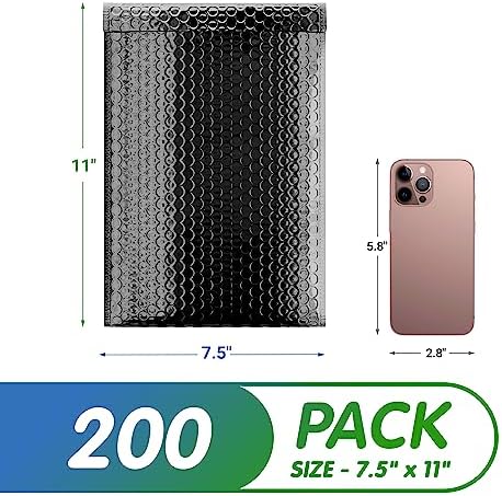 Metallic Bubble Mailers 7.25 x 11 Inch Black, Self Seal Closure, 3/16 Inch Cushioning, Padded Shipping Envelopes Pack of 200 - Image 2