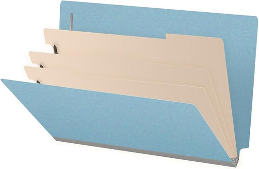 Ecom Folders End Tab Pressboard Classification Folders | Legal Size 25 Pt Type III Stock with 3 Dividers & 3" Tyvek Expansion | 2 Fasteners Pos 1 & 3 for Medical & Office Docs | Blue, Box of 10 by Ecom+Folders