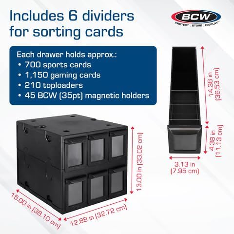 BCW 6 Drawer Card Catalog - Black | Stackable Trading Card Organizer Box | Holds Sports Cards, Gaming Cards, Toploaders & Magnetics | Heavy-Duty Black Plastic Storage with Dividers - Image 3