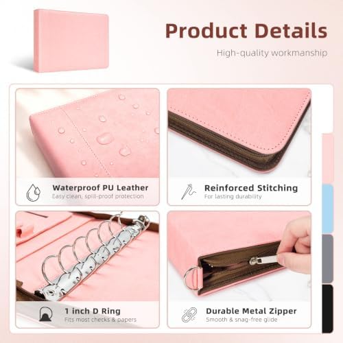 Ospelelf Pink Zippered 7 Ring Check Binder for Business Checks (9" x 13"), 1 Inch Faux Leather Checkbook Portfolio with Zipper Pouch, Professional Binder Organizer for Accountants, Home Use - Image 3