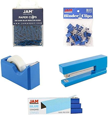 JAM PAPER Office Starter Kit - Blue - Stapler, Tape Dispenser, Staples, Paper Clips & Binder Clips - 5/Pack by JAMPaper