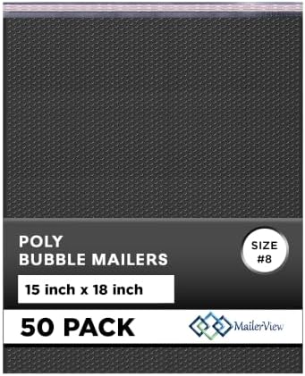 Jet Black Bubble Mailers 15x18, Self Seal Poly Padded Envelopes #8, 50 Pack by MAILERVIEW