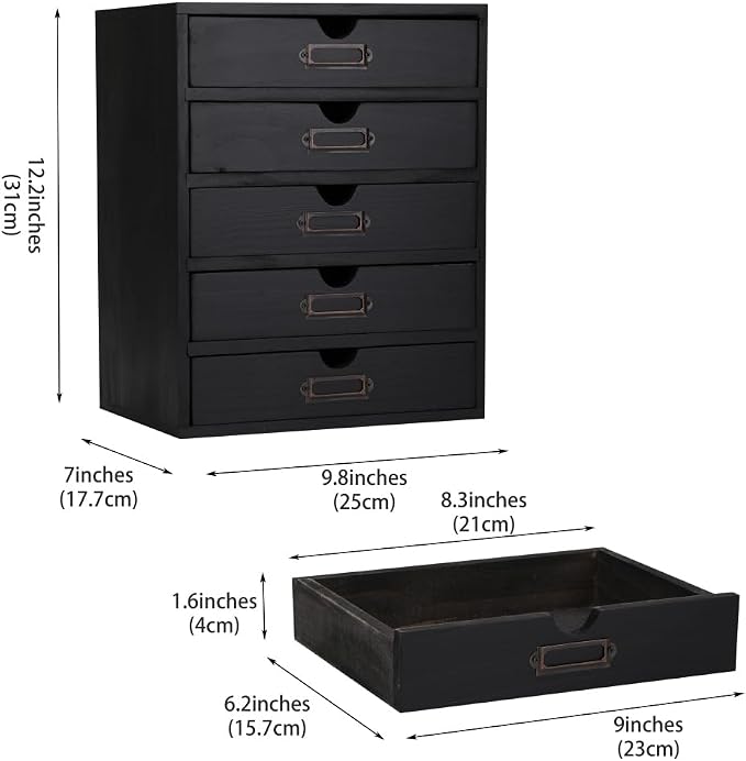 Small Wooden Drawers Wooden Box with Drawer, Black 5 Wood Drawer | Countertop Storage Box for Apothecary Cabinet, Apothecary Drawers，Desktop Organizer for Office，Home - Image 3