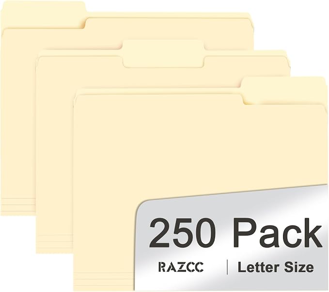 File Folder, RAZCC 250 Pack 1/3 Cut Tab File Folders Letter Size, Manila Folders, Folders with Tab, Great for Organizing and Easy File Storage by RAZCC