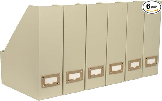 BLU MONACO | Cardboard Magazine File Holder Set of 6 | Vertical Magazine File Holder with Label Slots | Beige Linen Foldable File Organizers for Desk Shelf Office by Blu_Monaco
