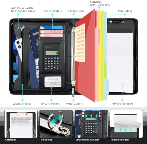 Ospelelf Leather Portfolio Folder with Zipper - 3 Ring Binder with Clipbard - Calculator, 12.1” Tablet Sleeve, 5 Dividers with 10 Pockets, Refillable Notepad, Card Holder (Bushes) - Image 3