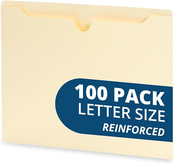 Blue Summit Supplies 100 File Jackets, Letter Size, Manila | Reinforced straight cut tab, 11pt, flat no expansion, for documents, mailing, and hanging file storage by BlueSummitSupplies