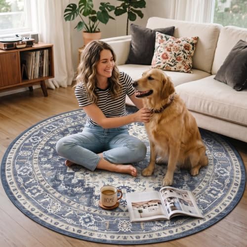 5FT Round Office Chair Mat for Hardwood Floor, Non-Slip Washable Navy - Image 3