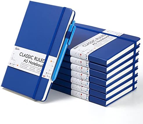 feela 8 Pack Journal Notebook Bulk for School, Hardcover Business Notebooks Classic Ruled Lined Journals with Pen Holder for Work Note Taking, with 8 Black Pens, 120 GSM, 5.1”x8.3”, A5, Navy by feela