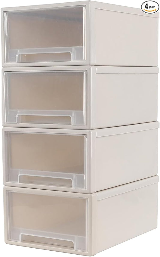 4 Pack Large Stackable Storage Drawers, 18 Quart Storage Bins | Easily Assemble, Space-Saving Closet Undersink Desk Organizers for Bedroom, Kitchen, Pantry, Pull-Out Drawers by Waikhomes