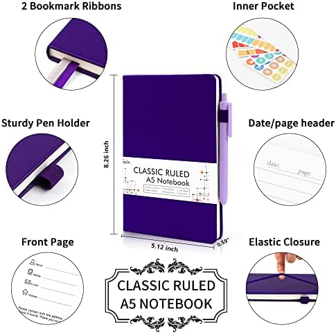 feela 12 Pack Notebooks Journals Bulk, Hardcover Notebook Classic Ruled Journal Set with Pen Holder for School Business Work Travel Writing, with 12 Black Pens, 120 GSM, 5.1”x8.3”, A5, Purple - Image 2