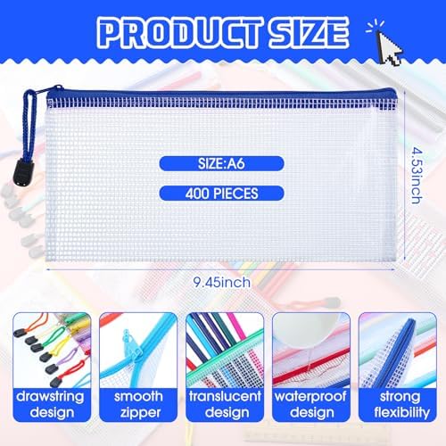 Zhehao 400 Pcs A6 Mesh Zipper Pouch Pencil Pouch with Zipper Waterproof Mesh Storage Bags Small Zipper File Bags for Classroom Organization School Office Supplies, 9.5 x 4.5 Inch (16 Assorted Colors) - Image 2