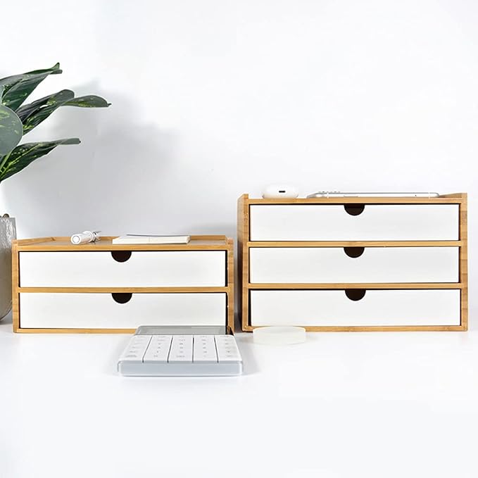 WAYUTO 2-Tier Bamboo Desktop Organizer Simple Wooden Tabletop Storage Organization Box Multi-Scene Drawer Units for Home Bathroom Office White 2-Drawer - Image 2