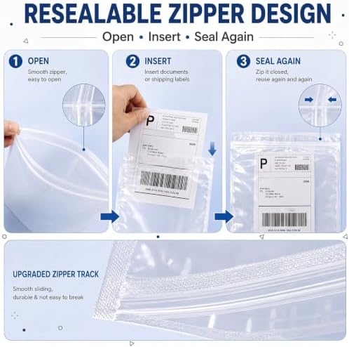 Glenmal 100 Pcs 6.7" x 10" Resealable Packing List Envelopes Clear Self-adhesive Shipping Label Sleeves with Zipper Waterproof Packing List Envelopes for Documents Mailing Labels Invoices Pack Slip - Image 3