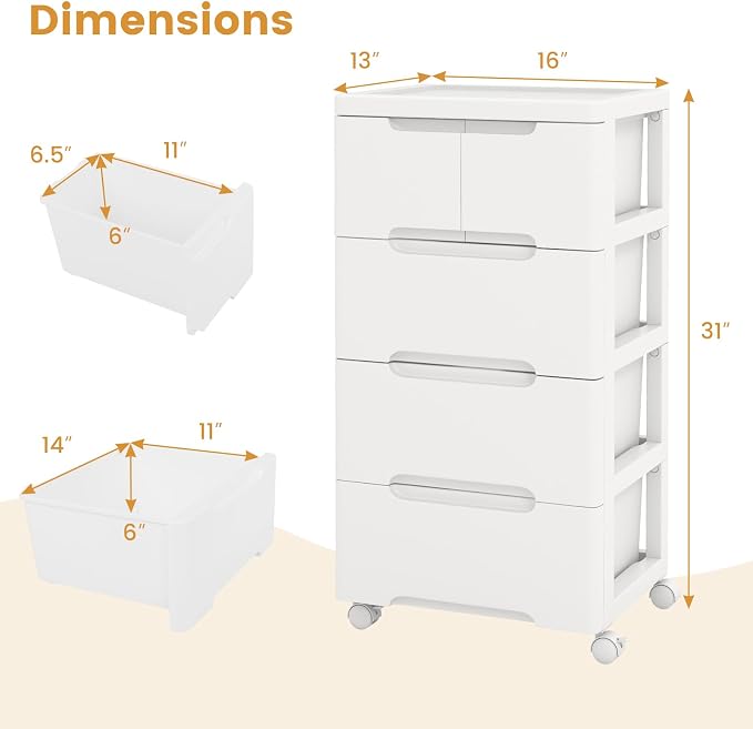 5-Drawer Plastic Rolling Storage Cart (16"x13"x31") | Mobile Storage Cabinet | Vertical Storage Tower Container Unit | 4 Universal Wheels | For Living Room, Home Office - Image 3