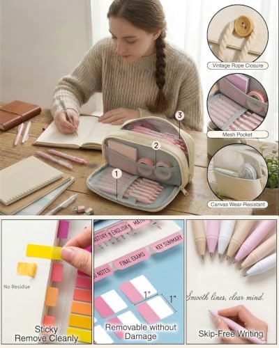 42pcs Cute Pencil Case, Large Capacity Study Pouch Bag with 4-Compartments, Portable Soft Canvas Easy Carry for Library and Office Supplies Kit, Elegant Aesthetic Study for Women (beige) - Image 3