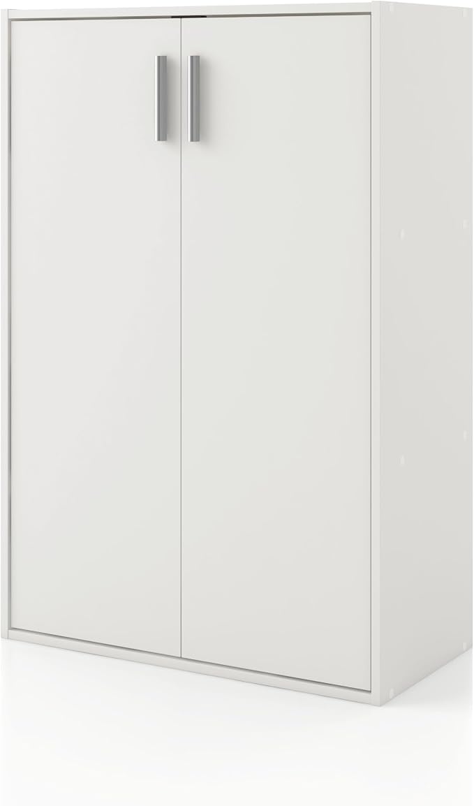 Homes: Inside + Out Apexa 3-Tier Stackable Wood Bookcase with Doors, Cube Storage Organizer Shelves, Small Food Pantry Cabinet, Dorm Teen Room Decor & Bedroom, Home Office, Kitchen, White by HOMESInsideOut