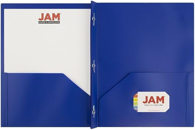 JAM PAPER Plastic 2 Pocket POP Folders - Durable School Folders with Metal Prongs Fastener Clasps - Dark Blue - 12/Pack - Image 5