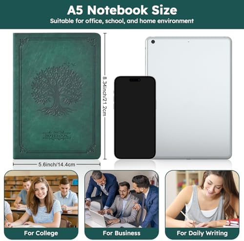 FOCUS DAY A5 Journal Notebook for Women Men, 320 Pages Lined Journaling Notebook with 100GSM Thick Paper, Hardcover Leather Note book for Work Writing Note Taking Diary, School, 5.7'' X 8.4'', Green - Image 2