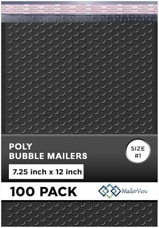 Jet Black Bubble Mailers 7.25x12 Poly Padded Envelopes #1, 100 Pack by MAILERVIEW
