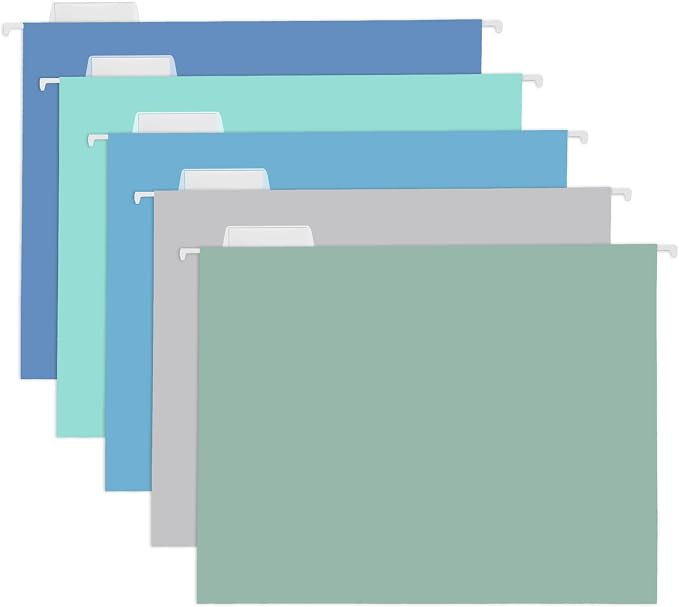 Y YOMA 50 Pack Colored Hanging File Folders Letter Size Decorative Hanging Folder Cute Pretty File Folder for Filing Cabinet Office Home with 1/5-Cut Adjustable Tabs, Oceanic Color by YYOMA