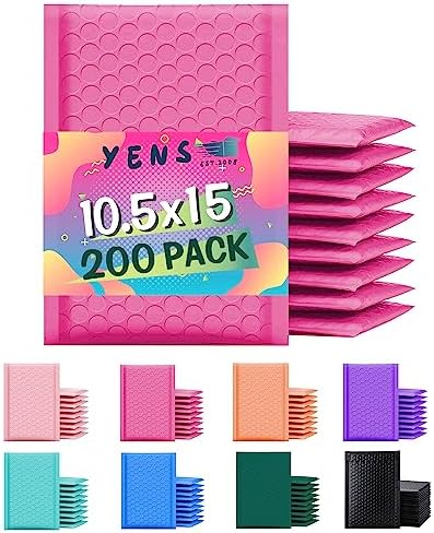 Yens Bulk Hot Pink Poly Bubble Mailers 10.5x16 200 Pack Usable 10.5x15 by YensPackage