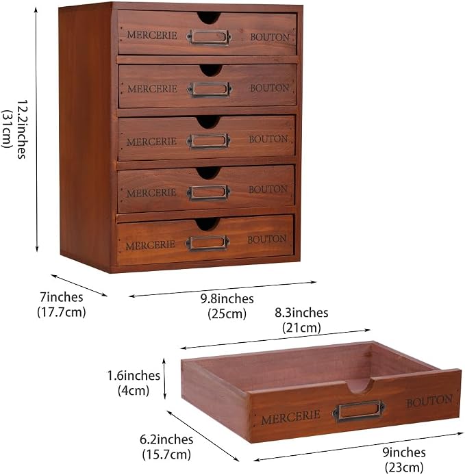 Small Wooden Drawers Wooden Box with Drawer, Brown 5 Wood Drawer | Countertop Storage Box for Apothecary Cabinet, Apothecary Drawers，Desktop Organizer for Office，Home - Image 3