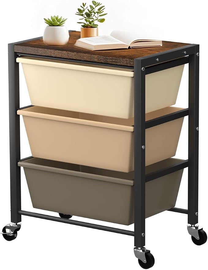 Rolling Cart with 3 Drawers, Plastic Drawer Storage Carts with Lockable Wheels & Wooden Tabletop, Metal Utility Cart Organizer, Office Bedroom Classroom Craft Organization and Storage, Dark Brown by TimeForest