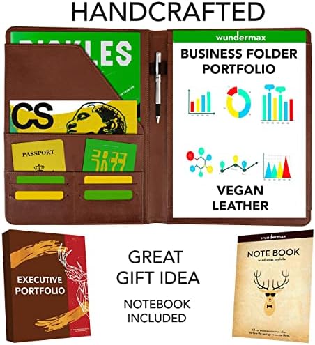 Wundermax Portfolio Binder - 12.8 x 9.8 x 0.6 Inch Vegan Leather Padfolio for Women and Men w/Notepad, Pockets for Tablet, Resume and Documents - Brown - Image 2