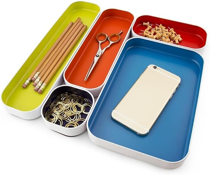 Three by Three Seattle Metal Drawer Organizer Tray Set, 10-Pc (Assorted) | Colorful food-safe metal bins; soft non-scratch base; organize utensils, makeup & supplies across every room - Image 3