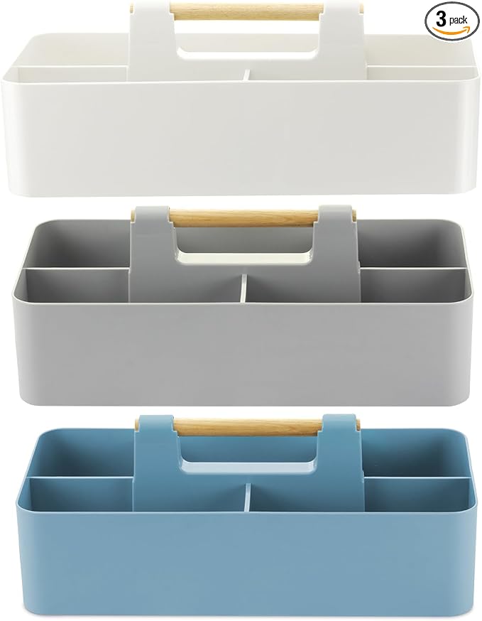 EZOWare Set of 3 Plastic Stackable Caddy Tote Set, Large Storage Organizer Bins with 5 Compartment Divider and Handle for Makeup, Vanity, Bathroom, Office Supplies, Crafts, Nursery - 3 Colors by EZOWare