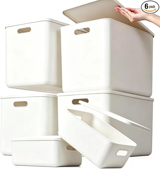 Ytteve 6 Pack White Plastic Storage Bins with Handles, Durable Organizer - 4 L (11.8"x8"x9.8") & 2 M (11.8"x8"x4.7"), Multi-size Storage Containers for Home, Closet, Shelves, Drawers, Office by Ytteve