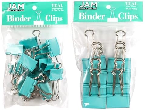 JAM PAPER Colorful Binder Clips Assortment - Medium & Large Size - Teal Binderclips - 27 Clips/Pack by JAMPaper