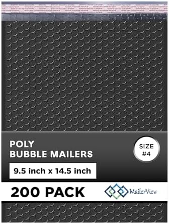 Jet Black Bubble Mailers 9.5x14.5 Poly Padded Envelopes #4 200 Pack by MAILERVIEW