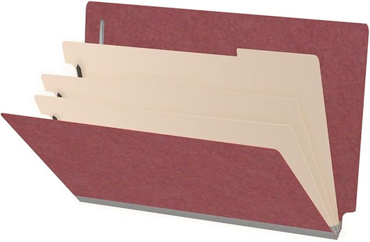 Ecom Folders End Tab Pressboard Classification Folders | Legal Size 25 Pt Type III Stock with 3 Dividers & 3" Tyvek Expansion | 2 Fasteners Pos 1 & 3 for Medical & Office Docs | Dark Red, Box of 10 by Ecom+Folders