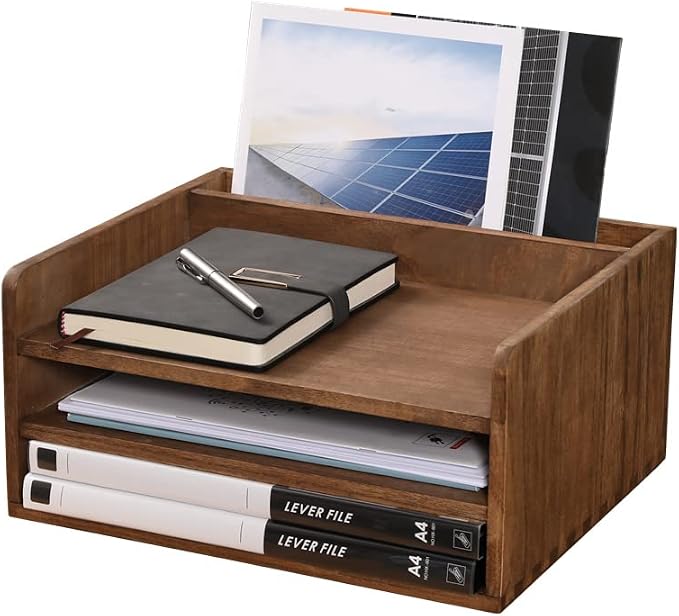DDYURI Desk Organizer for File Folder Storage with 3 Paper Letter Tray &1 Vertical Compartment- Wood Office Desktop Document Organizer Rack - Filing Folder Mail Sorter Desk accessories Dark WJJ3K-DK by DDYURI