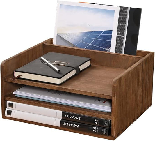 DDYURI Desk Organizer for File Folder Storage with 3 Paper Letter Tray &1 Vertical Compartment- Wood Office Desktop Document Organizer Rack - Filing Folder Mail Sorter Desk accessories Dark WJJ3K-DK by DDYURI