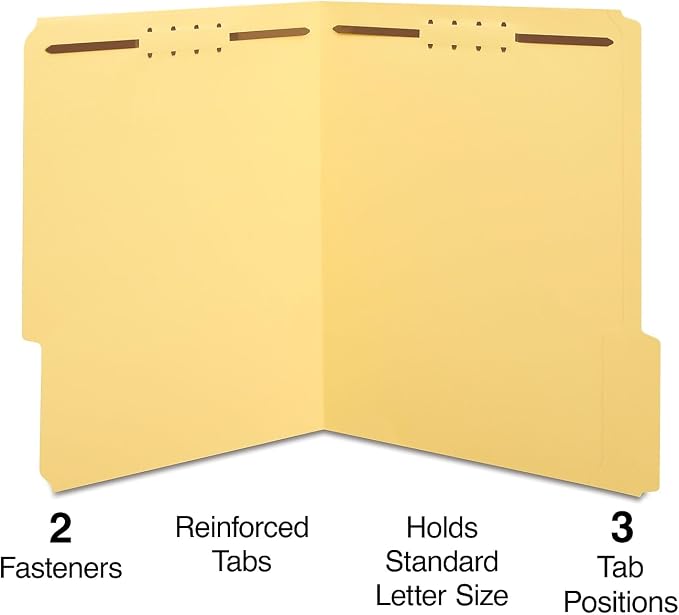 Staples Reinforced Tab Fastener Folder, Letter Size, Yellow Pressboard, Durable Construction, 50/Box - Image 2