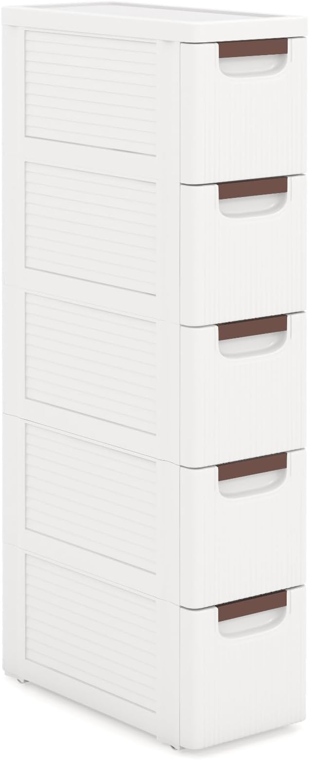 POWERSTONE 5-Drawer Plastic Storage Cart, Narrow Organizer Rolling Cart with 4 Wheels, Space-Saving Slim Mobile Utility for Bathroom, Office & Classroom by POWERSTONE%C2%AE