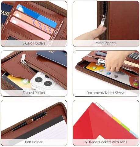 Ospelelf 3 Ring Binder Portfolio Folder with Zipper- Leather Padfolio with Clipboard Storage- Calculator, 12.1” Tablet Sleeve, 5 Dividers with Pocket, Refillable Notepad, Card Slot (Red Brown) - Image 4