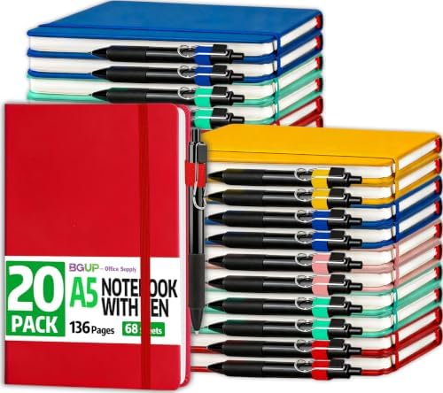 BGUP 20 Pack Lined Journal Notebook with Pen, A5 Hardcover Leather Journal 5.5"*8.3", 5 Colors 136 Pages College Ruled Notebooks and Pen Set for Office School Business Supplies by BGUP