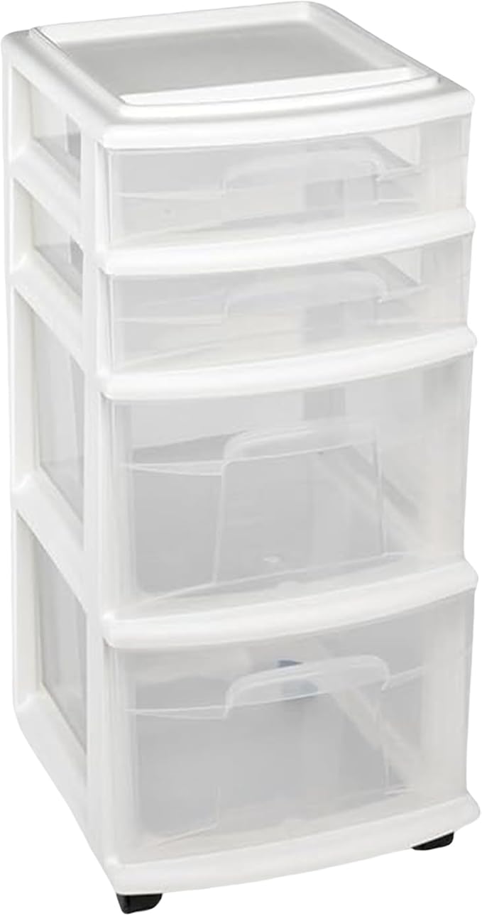 HOMZ Drawer Tower, 4-Tier Clear Plastic Storage Organizer Cart, White Frame - Rolling Drawers with Wheels for Desk, Dresser, Cabinet, Bedroom, Bathroom, Classroom, and Office Organization by Homz